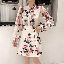 Women Two PieceWomen flower printing Bow tie Top Elegan T-shirt + fashion Button high-waisted skirt 2 Piece Clothing Set Suits 2024 - buy cheap