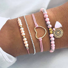 4 Pcs/Set Multilayer Bohemian Handmade Pink Crystal Beads Bracelets for Women Vintage Fashion Heart Tassel Bracelet Jewelry Gift 2024 - buy cheap