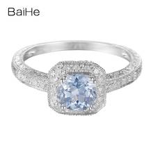 BAIHE Solid 14K белое золото 0.84CT безупречный круглый синий топаз Свадебное женское Модное изящное кольцо с голубым топазом 2024 - купить недорого