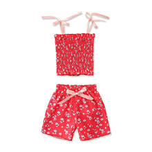 Conjunto plissado vermelho com 2 peças para meninas, roupas de verão para bebês com estampa floral, colete + shorts de laço, 1-6 anos, 2021 2024 - compre barato