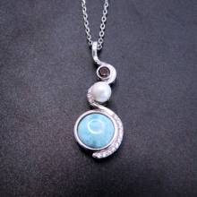 Silver Charm Pendant 100% 925 Sterling Silver Natural Larimar & Pearl & CZ Long Drop Womens Wave Pendant Necklace For Gift 2024 - buy cheap