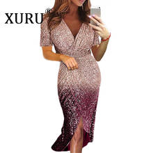 XURU European Women's Short Sleeve Gradient Sequin Dress 2020 Spring Women's New Sequin Dress 2024 - buy cheap