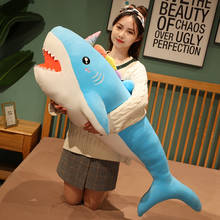Gigante colorido unicórnio tubarão brinquedo de pelúcia recheado narwhale boneca peixe macio azul rosa tubarão com chifre brinquedo dormir travesseiro kawaii presente 2024 - compre barato