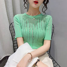 Chique verão coreano roupas de malha camiseta moda sexy brilhante diamantes carta feminina topos manga curta elástico magro t 2021 novo 2024 - compre barato