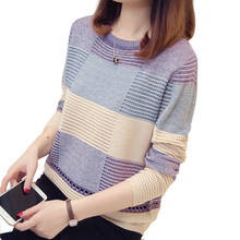 Suéter feminino pulôver pulôver outono contraste cor vazada tricô manga comprida pulôver feminino folgado suéter tricô p97 2024 - compre barato
