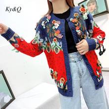 2020 Winter Runway Vintage Loose Luxury Red Patchwork Cardigan Fashion O-neck Floral Embroidery Women Sweater Brand Christmas 2024 - buy cheap