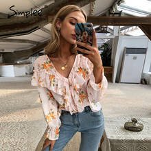 Simplee Vintage florl print v neck ruffle women blouse shirt Sexy pink long sleeve blouse shirts Holiday casual femme blusas 2024 - buy cheap