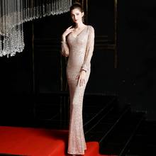 HYGGE роскошное Золотое платье с блестками, v-образный вырез, длинный рукав, сексуальный халат, женское элегантное длинное вечернее платье, официальное платье 2024 - купить недорого