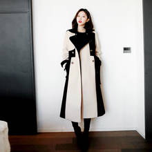 2019 Autumn&Winter Women Korean British Style Long Woolen Coat with Belt Fashion Spliced Slim Warm Trench Coat Outwear Overcoat 2024 - buy cheap