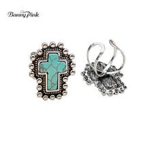 Banny Pink Bohemia Turquoises Cuff Rings For Women & Men Religious Stone Cross Finger Ring Ethnic Christian Alloy Carved Ring 2024 - buy cheap