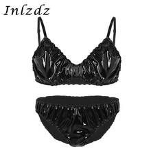 Mens Sissy Crossdresser Lingerie Suit Wetlook Leather Ruffled Lingerie Set Spaghetti Strap Hot Bra Top with Briefs Underwear Set 2024 - buy cheap