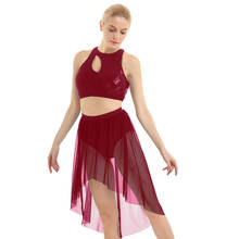 Women Shiny Sequins Asymmetrical Hem Dancewear Ballet Crop Tops with Gymnastics Leotard Mesh Skirt Adult Lyrical Dance Costumes 2024 - buy cheap