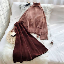 Winter new 2020 women 2 pieces skirts sets turtleneck knitted sweater and A-line loose skirts lady female thicken warm dress set 2024 - buy cheap