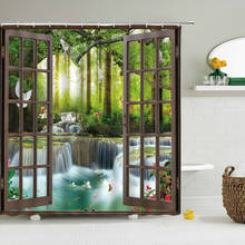 Cortina de baño con impresión 3d para ventana, visillo de ducha de paisaje con bosque, impermeable, tela lavable con ganchos, 180x200cm 2024 - compra barato