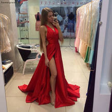 Vestido vermelho de baile, sensual, gola em v, fenda lateral alta, vestido de festa para ocasião especial 2024 - compre barato
