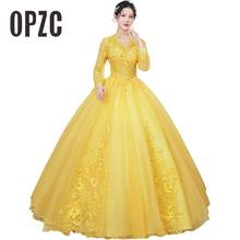 New Korean Long Sleeve Quinceanera Dresses Party Prom Lace Embroidery V Neck Ball Gown Plus Size Yellow Organza Sweet 16 Dress 2024 - buy cheap