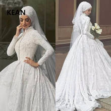 Vestidos De novia musulmanes De encaje, De cuello alto, manga larga, Hijab, Dubái, Árabe 2024 - compra barato