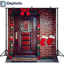 Dephoto-Fondo de fotografía profesional para niño, sesión fotográfica con puerta de madera roja, guirnalda de casa de ladrillo de Navidad 2024 - compra barato