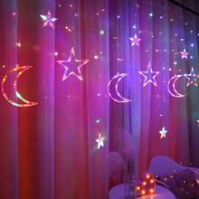 Guirnalda de luces LED de luna y estrella, cortina de lámpara de Navidad y Año Nuevo, decoración de fiesta para el hogar Eid Mubarak, dormitorio y Ramadán 2024 - compra barato