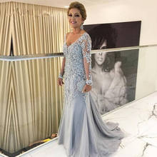 Blue 2021 Mother Of The Bride Dresses Mermaid V-neck Long Sleeves Tulle Appliques Beaded Groom Long Mother Dresses For Wedding 2024 - buy cheap