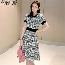 2021 Summer  Casual Women's Black/Pink Knit Dress Elegant O-neck Short Sleeve  Plaid knit  Dress 2024 - buy cheap