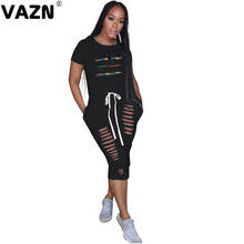 VAZN 2020 Summer Hot Letter Elegant Sexy Daily Regular Yong Office Short Sleeve High Waist Braid Women Thin Midi Dress 2024 - buy cheap