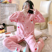 Conjuntos femininos de pijamas, roupa de dormir feminina manga comprida estampa grande 3xl folgada confortável caseira coreana tendência lazer ulzzang 2024 - compre barato