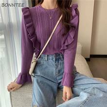 Pullovers Women Purple Solid O-neck Flare Sleeve Ruffles Korean Style All-match Vintage Elegant Kawaii Ladies Slim Loose Chic 2024 - buy cheap