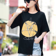 Camisetas largas con estampado de letras negras para mujer, Tops holgados con abertura para mujer, Camiseta de algodón de manga corta para mujer 100% 2024 - compra barato