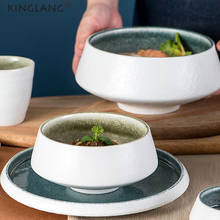 Kingpode retrô de cerâmica klin, tigela esmaltada de porcelana, macarrão, tigela, sopa, cor azul e verde, atacado 2024 - compre barato