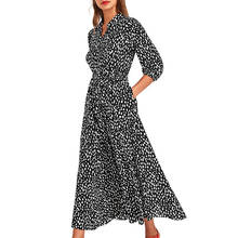 Summer Polka Dot Chiffon Dress Women Turn-Down Collar 3/4 Sleeve Belt  Elegant Ladies Midi Dresses Boho Casual Dress 2024 - buy cheap