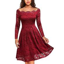 Plus size Autumn Dress 2021 Women Formal A-Line Hollow Out Lace Off Shoulder Long Sleeve Tight Waist Party Midi Dress 2024 - buy cheap