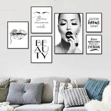 Imágenes de arte de pared de chica de moda en blanco y negro, maquillaje de cejas y labios, lienzo, pintura de belleza, cita, decoración de sala de estar, pintura HD3136 2024 - compra barato