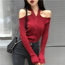 Women Halter Slash Neck Knitted Off-shoulder Sweater Pullover Girls Knitting Stretchy Sweaters Pullovers Tops Female DX6722 2024 - buy cheap