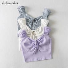 2021 Summer crop top korean style women tank top knit v neck tops white purple ribbed tops ruched lace up cropped top kawaii 2024 - buy cheap