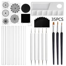 35 pçs mandala conjunto de ferramentas para pintura pedra acrílico vara modelo stencil escova bandeja kit 2024 - compre barato