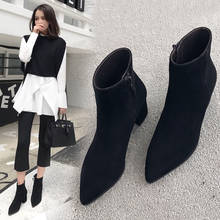 Suede Leather brand chelsea boots women pointed toe high heels botas flock side zip ankle botines mujer plush shoes winter 2020 2024 - buy cheap