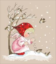 Little girl feeding birds cross stitch kit cartoon girl in winter design 14ct   linen flaxen canvas embroidery DIY needlework 2024 - buy cheap