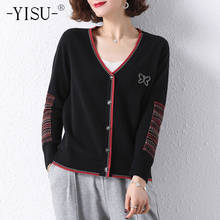 Yisu casaco feminino casual primavera, suéter feminino de malha listrada, decote em v, blusas de primavera, cardigã de manga comprida 2024 - compre barato