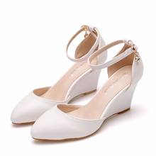 Crystal Queen Women Sandals Casual white Wedge Sandals Summer Ankle Strap Med Heel Platform Pump High Heels Shoes 2024 - buy cheap