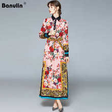 Banulin Runway Spring Maxi Dress Women Turn Down Neck Long Puff Sleeve Floral Print Elegant Bow Lace UP Loose Split Long Dress 2024 - buy cheap