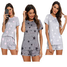 Pijama com estampa de estrela feminino, pijama casual, gola redonda, manga curta, cintura elástica, roupa de dormir, retrô, conjuntos de pijamas femininos 2024 - compre barato