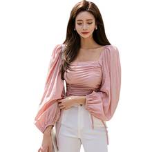 Women's Fashion Soild Square Collar Shirt Sexy Elegant Autumn Pleated Short Chiffon Long Sleeves Blouses Tops 2024 - buy cheap