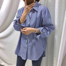 Fashion Blue Vertical Striped Shirt Women Spring Autumn Blouse 2020 New Loose Retro Long-Sleeved Shirts b626 2024 - buy cheap