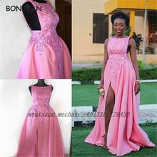 Vestidos de dama de honor rosas para mujer, línea A de satén con Apliques de encaje divididos, cuentas, vestido de dama de honor africano de talla grande para boda 2021 2024 - compra barato