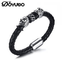 Doyubo pulseira de couro genuíno preto, acessório para bracelete de festa com cabeça de leão dupla de aço inoxidável dd090 2024 - compre barato