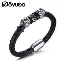 DOYUBO-pulsera de piel auténtica para mujer, brazalete de acero inoxidable con doble cabeza de león, accesorios de fiesta, DD090 2024 - compra barato