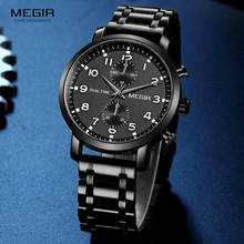 MEGIR Black Watch for Men Luxury Stainless Steel Waterproof Wrist Watch Man Military Sport Chronograph Quartz Watches Relogios 2024 - buy cheap