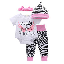 4 conjuntos dos pces!! Bebê recém-nascido meninas roupas papai & mamãe milagre bodysuit + calças zebra chapéu bandana infantil da criança meninas outfit 2024 - compre barato