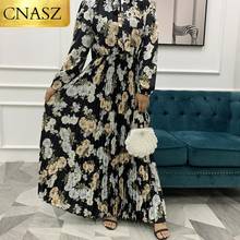 New Elegant Silky Satin Long Sleeve Dress Print Pleated Maxi Dresses Satin Dresses Wrap Waist Turkey Fashion Islamic Spain Women 2024 - buy cheap